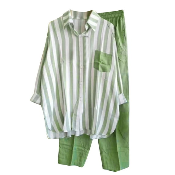 Atogsazn 2 Piece Sets Women Casual V Neck Button Stripe Shirt and Long Pants Summer Outfits Loungewear Matching Sets with Pockets Green L