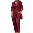thumbnail image 1 of Atogsazn 2 Piece Sets Women Summer Outfits Casual Loose Linen 3/4 Sleeve Button Shirt Wide Leg Long Pants Tracksuits Sets Wine XXL on Clearance, 1 of 5