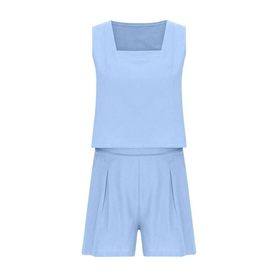 Atogsazn Womens Summer 2 Piece Outfits Vacation Casual Trendy Shorts Matching Sets Sleeveless Casual Linen Outfits Light Blue L