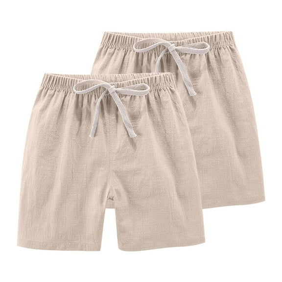 Atogsazn 2PC Linen Shorts for Kids Unisex Jogger Drawstring Shorts for Boys Girls Gym Short Pants with Pocket 01-Beige 6-7Years