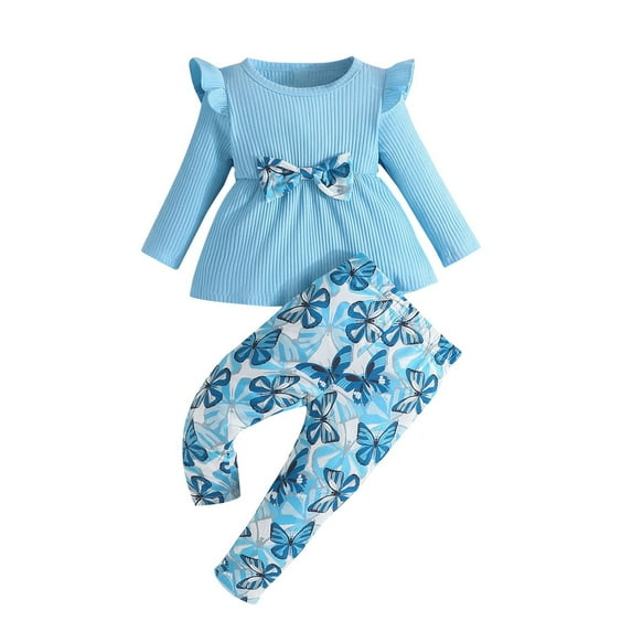 Atogsazn 2Pcs Baby Girl Knitted Clothes Set Kids Ruffle Long Sleeve Bow Front Dress and Print Pants Outfit C-Light Blue 12-18 Months