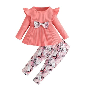 Atogsazn 2Pcs Baby Girl Knitted Clothes Set Kids Ruffle Long Sleeve Bow Front Dress and Print Pants Outfit C-Watermelon Red 6-9 Months on Clearance