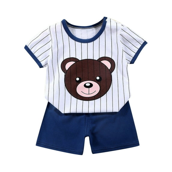 Atogsazn 2pc Kids Baby Girls Boys Clothes Set Toddler Kids Summer Short Sleeve Cotton T-Shirt Tops and Shorts 2PC Cute Print Casual Outfit 18-24 Months Navy