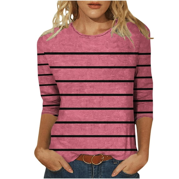 Atogsazn 3/4 Sleeve Shirts for Women Fashion Stripe Printed T-Shirt Blouse Round Neck Casual Summer Tops for Women 2025 Pink M