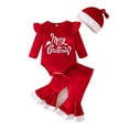 thumbnail image 1 of Atogsazn 3PCS Baby Girl Christmas Outfits Infant Velvet Romper and Flare Leg Pants with Hat Winter Warm Clothes Red 1-2 Years, 1 of 9