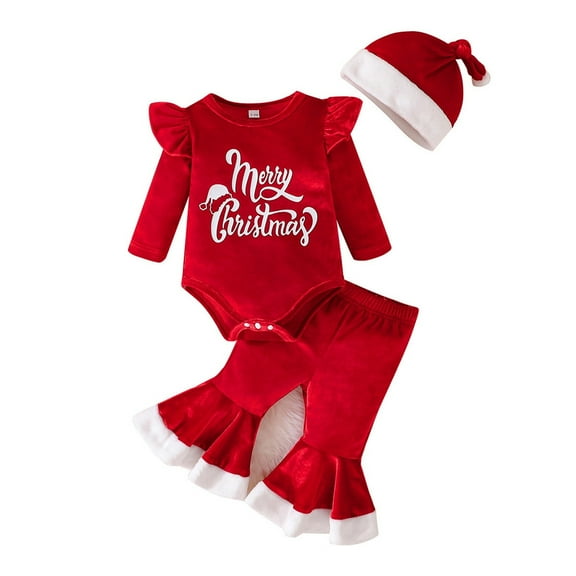 Atogsazn 3PCS Baby Girl Christmas Outfits Infant Velvet Romper and Flare Leg Pants with Hat Winter Warm Clothes Red 1-2 Years