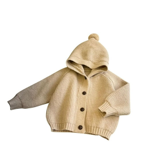 Atogsazn Babay Boys Knitted Sweaters Toddler Button Long Sleeve Hooded Jackets Fall Winter Warm Clothes 5-6 Years Beige