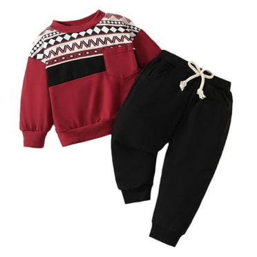 Atogsazn Baby Boy Fall Winter Clothes Set Kids Fleece Colorblock Long Sleeve Pullover Sweatshirt and Sweatpants Outfit Fashion B-Red 2-3 Years on Clearance