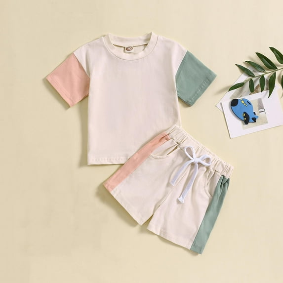 Atogsazn Baby Boy Summer Clothes Set Toddler Colorblock Short Sleeve T-shirt and Shorts Drawstring 2Pcs Outfit Fashion C-Pink 18-24 Months