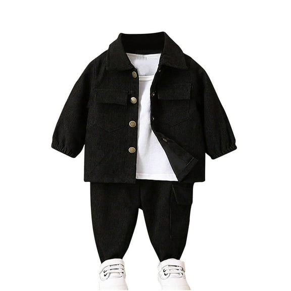 Atogsazn Baby Boys Clothes Set Toddler Button Ribbed Long Sleeve Shirts Pants Outfit 2 Piece Cargo Sets Fashion Black 2-3 Years