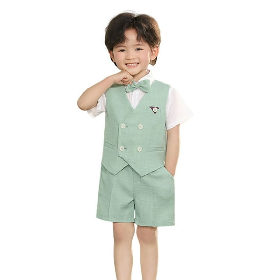Atogsazn Baby Boys Formal Wedding Outfits Toddler Gentlemen Bowtie Tank Top Guest Suits Dress Shirt Pants Set Green 7-8Years