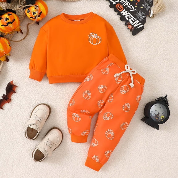 Atogsazn Baby Boys Girls Halloween Set Kids Print Crewneck Long Sleeve Sweatshirt and Sweatpants Set Outfit Fall Clothes Orange 6-12 Months