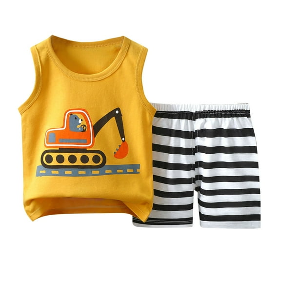 Atogsazn Baby Boys Summer Clothes Set Toddler Cotton Short Sleeve Tank Top Shorts Clothes Sets Gym 2 pcs Outfit Mint Yellow 6-9 Months