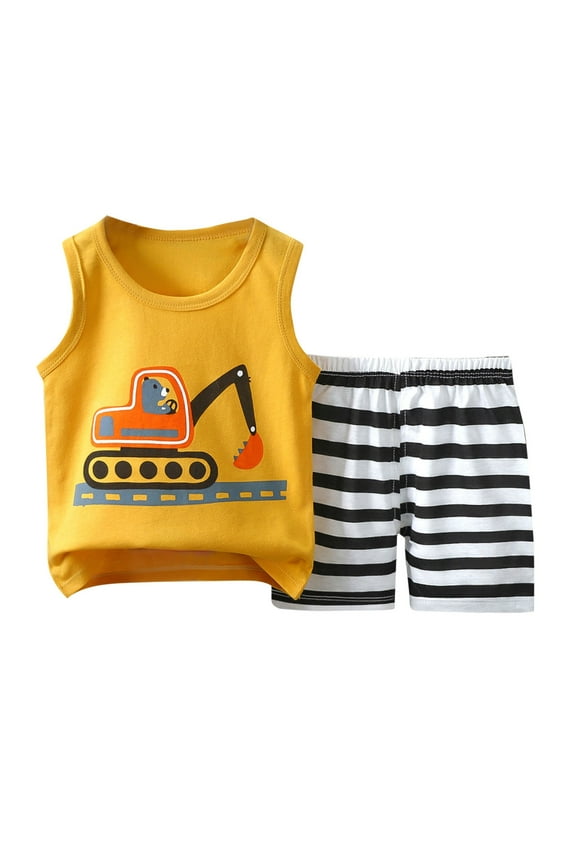 Baby Boys Summer Clothes Set Toddler Cotton Short Sleeve Tank Top Shorts Clothes Sets Gym 2 pcs Outfit Mint Yellow 6-9 Months