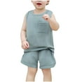 thumbnail image 1 of Atogsazn Baby Boys Summer Clothes Set Toddler Linen Sleeveless Tank Top Shorts Outfit with Pocket Light Blue 6-9 Months, 1 of 9