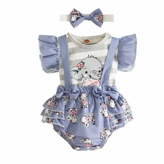 Atogsazn Baby Girl Boy Clothes Outfits 1-18m Infant Toddler Baby Girl Ruffled Print Top With Straps Shorts And Headband Set 12-18 Months Gray