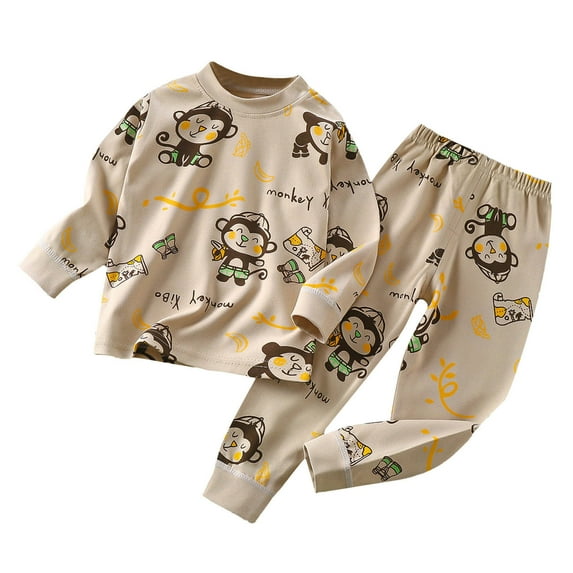 Atogsazn Baby Girl Boy Clothes Outfits Toddler Baby Kids Winter Boys Girls Solid Color Cute Print Long Sleeved Home Wear Clothes Suit 4-5 Years Khaki