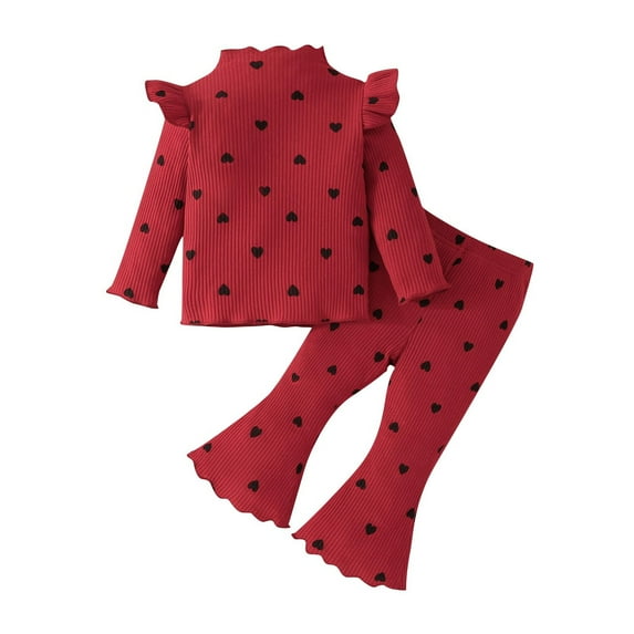 Atogsazn Baby Girl Clothes Bell Bottoms Outfit Infant Ribbed Knit Long Sleeve Top Heart Print Pant Newborn Fall Winter Sets B-Red 6-9 Months on Clearance