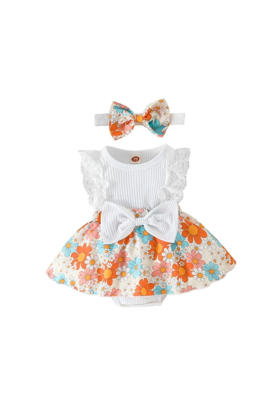 Baby Girl Clothes Newborn Romper Dress Infant Lace Ruffle Sleeveless Summer Outfits with Headband White 0-3 Months