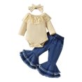 thumbnail image 1 of Atogsazn Baby Girl Clothes Set Kids Ribbed Long Sleeve Jumpsuit and Flare Leg Jeans Outfit with Headband Fashion Khaki 9-12 Months, 1 of 9