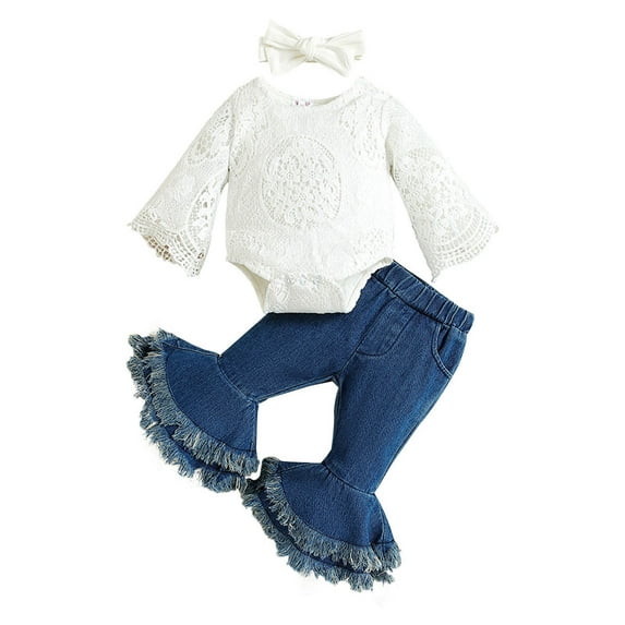 Atogsazn Baby Girl Clothes Set Kids Ribbed Long Sleeve Jumpsuit and Flare Leg Jeans Outfit with Headband Fashion White 6-9 Months