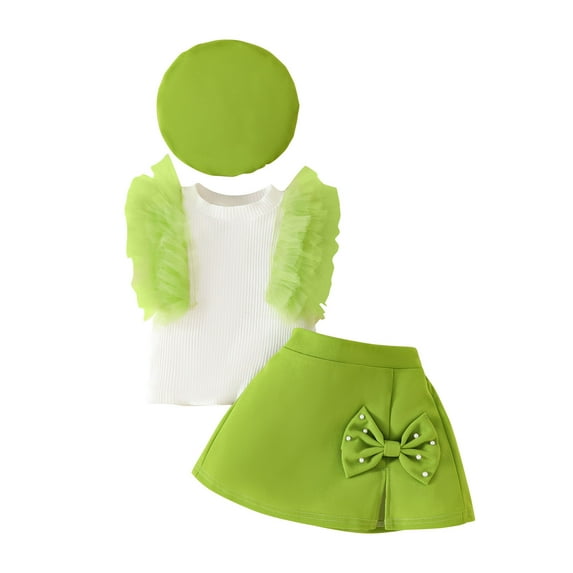 Atogsazn Baby Girl Clothes Set Toddler Ruffle Ribbed Sleeveless Top Skirts Outfit with Hat Fashion 02-Green 9-12 Months