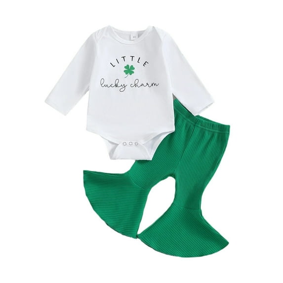 Atogsazn Baby Girl St. Patricks Day Outfits Long Sleeve Shamrocks Print Romper Onesie Flared Pants Headband 3Pcs Spring Fall Clothes for 12M Baby White