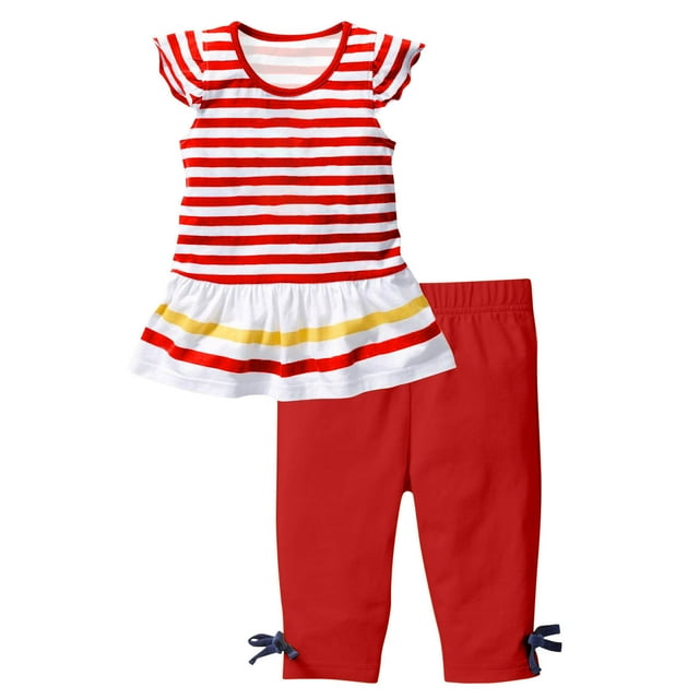 Atogsazn Baby Girl Summer Casual Clothes Set Kids Short Sleeve Striped Dress and Capris 2 Piece Set Outfits 5-6 Years B-Red on Clearance
