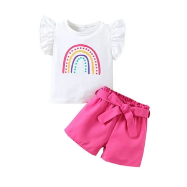 Atogsazn Baby Girl Summer Clothes Kids Summer Cute Little Flying Sleeve Short Sleeve Round Neck Shorts Set 01-Pink 7-8 Years on Clearance