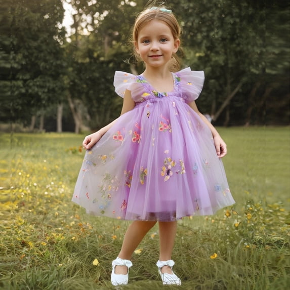 Atogsazn Baby Girl Wedding Dress Toddler Casual Sleeveless Mesh Dresses Birthday Princess Clothes 01-Purple 2-3 Years