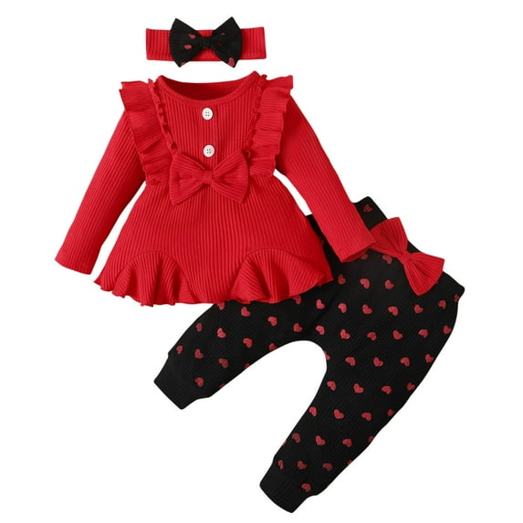 Atogsazn Baby Girls 3PCs Set Kids Ruffle Button Long Sleeve Dress and Pants Outfit with Headband Fashion Fall Clothes B-Red 0-6 Months on Clearance