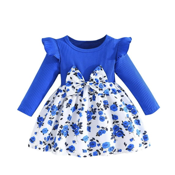 Atogsazn Baby Girls Birthsday Dress Toddler Ruffle Long Sleeve Floral Dresses Wedding Clothes Fashion A-Blue 18-24 Months