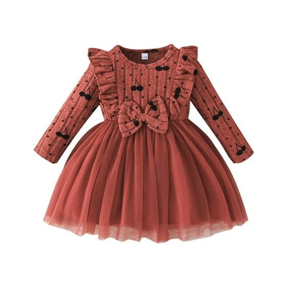 Atogsazn Baby Girls Birthsday Dress Toddler Ruffle Long Sleeve Mesh Dresses Wedding Clothes Fashion C-Watermelon Red 12-18 Months