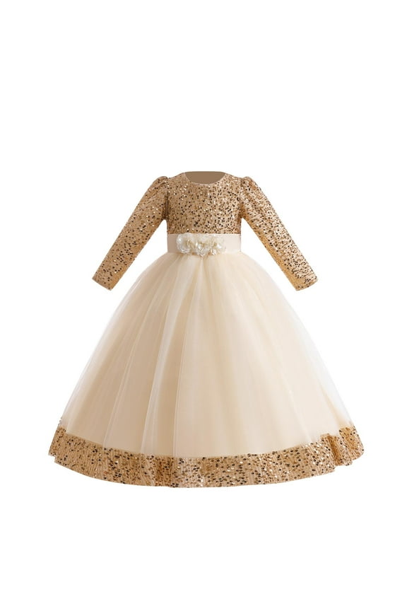 Baby Girls Christmas Birthsday Dress Toddler Sequien Long Sleeve Mesh Dresses Wedding Clothes Fashion Gold 6-8 Years