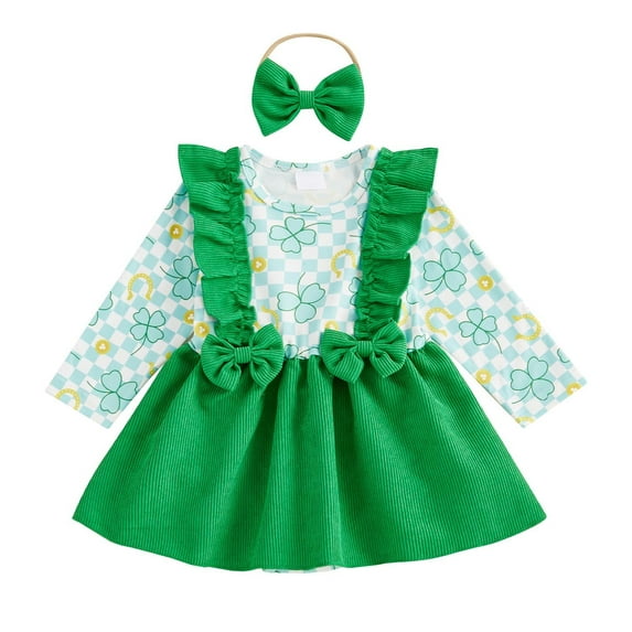 Atogsazn Baby Girls Clothes Set Infant Toddler Floral Jumpsuit Romper Girl Ruffle Suspender Skirt with Headband Z-Green 12-18 Months Fashion