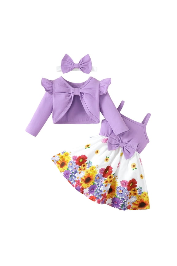 Baby Girls Cotton Dress Set Infant Ruffle Long Sleeve Tops and Floral Dress Outfit with Headband Spring Fall Clothes Purple 12-18 Months