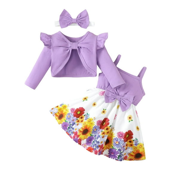 Atogsazn Baby Girls Cotton Dress Set Infant Ruffle Long Sleeve Tops and Floral Dress Outfit with Headband Spring Fall Clothes Purple 3-6 Months