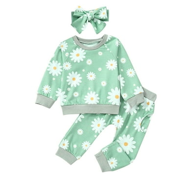 Atogsazn Baby Girls Fall Outfits Children's Flower Print Long Sleeve Sweatshirt Elastic Sweatpants Headband 3Pcs Clothes Set Mint Green 6-7 Years on Clearance