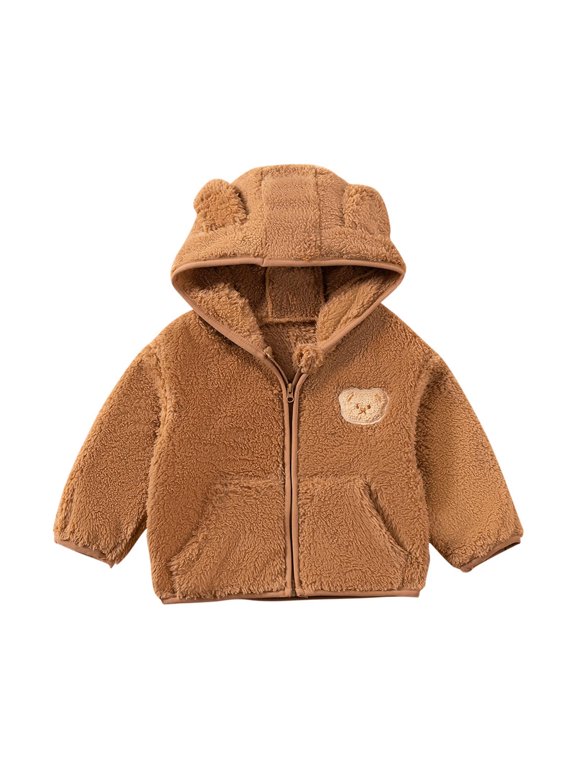 Baby Girls Fleece Jacket Toddler Zipper Fuzzy Long Sleeve Hooded Jackets Boys Winter Coat Clothes Brown 6-12 Months