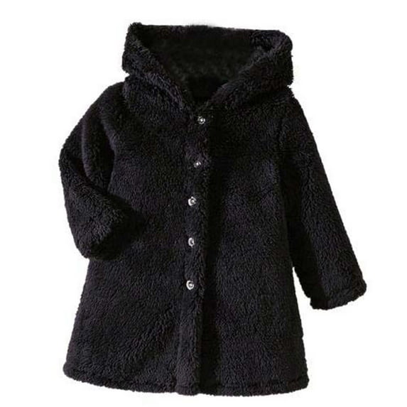 Atogsazn Baby Girls Fuzzy Sherpa Winter Coat Kids Fleece Plush Long Sleeve Hooded Jackets Warm Clothes Fashion 01-Black 12-18 Months