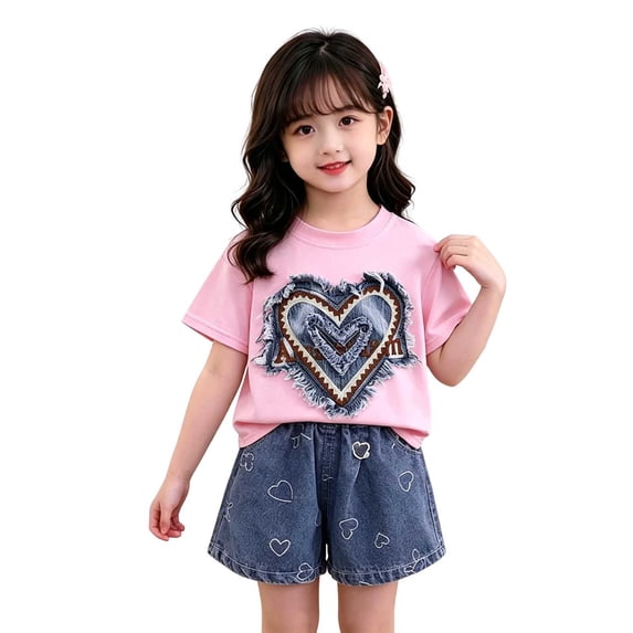 Atogsazn Baby Girls Summer 2 Piece Set Toddler Short Sleeve T-shirt Pleated Denim Shorts Outfit Outerwear Pink 0-1 Years Fashion