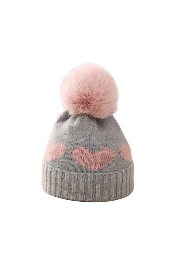 Baby Winter Knitted Hat Toddler Warm Fleece Lined Pompom Hat Cut Printed Soft Cap for Children B-Gray Free Size