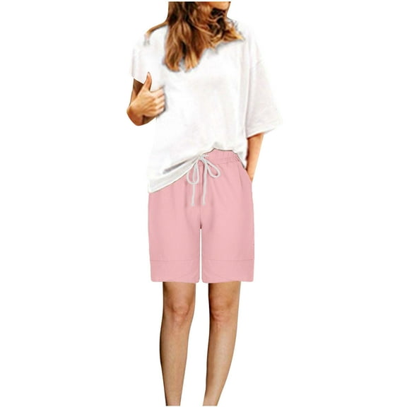 Atogsazn Bermuda Shorts for Women Casual Jogger Athletic Drawstring Shorts Gym Summer Clothes with Pocket 02-Pink M