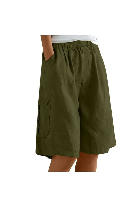 Bermuda Shorts for Women High Waisted Linen Dressy Casual Pleated Wide Leg Summer Shorts 02-Army Green L