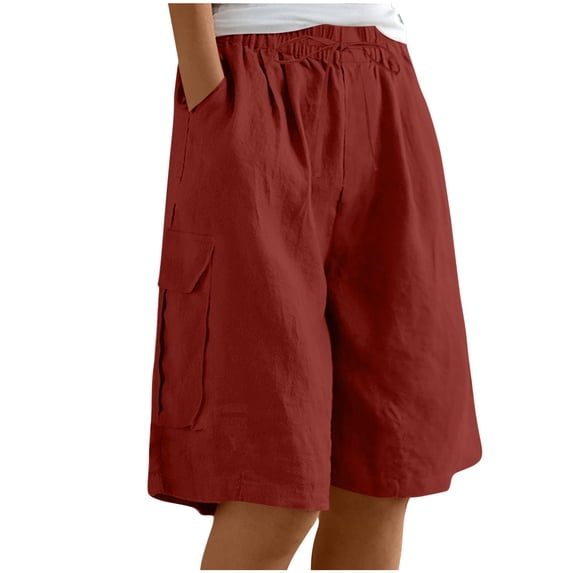 Atogsazn Bermuda Shorts for Women High Waisted Linen Dressy Casual Pleated Wide Leg Summer Shorts 02-Red XL