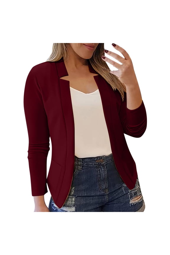 Blazer Jackets for Women Fashion Dressy Open Front Cardigan Jacket Casual Long Sleeve Work Office Suit Jacket 2025 Wine L