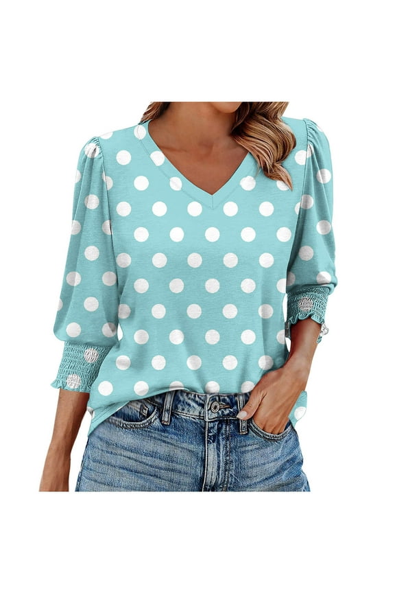 Blouse for Women Dressy Casual Spring Summer 3/4 Ruffle Sleeve Tops Business Casual Tunic Work Shirts 02-Light Blue XXL