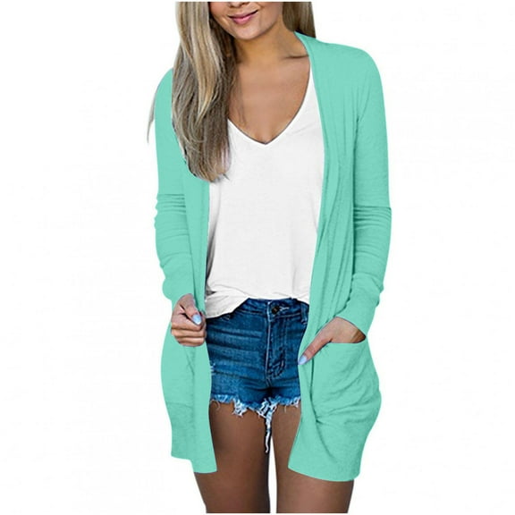 Atogsazn Blouses for Women Dressy Casual Loose Long Sleeve Cardigan Jacket Solid Color Coat with Pocket A-Mint Green L