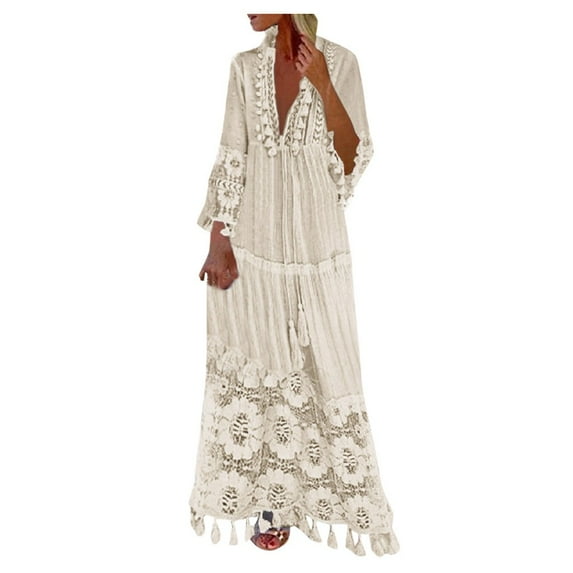 Atogsazn Bohemian Lace Trim Maxi Dress Floral Tassel Long Dresses Deep V Neck 2024 Embroidery Casual Vacation Dress Beige XL