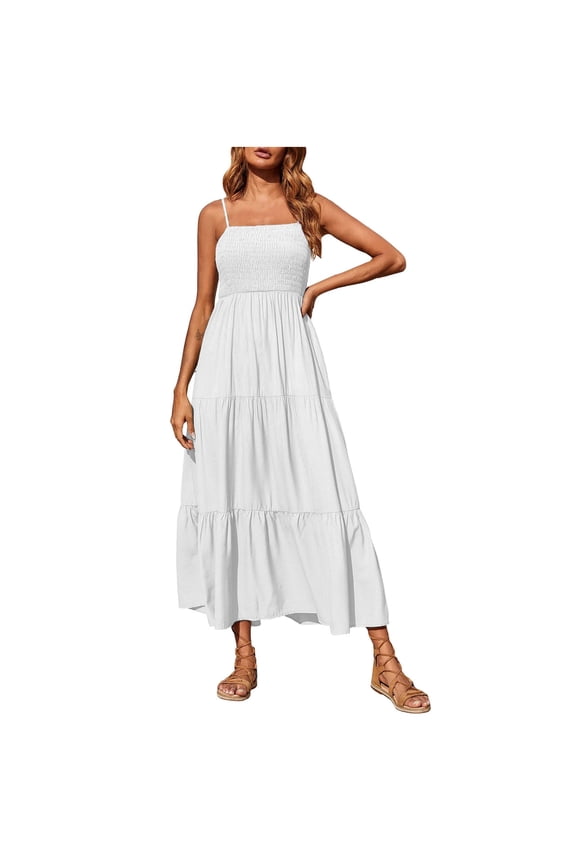 Boho Spaghetti Strap Dress for Women Summer Casual Smocked Tiered Maxi Dress Sleeveless Beach Long Sun Dresses White XL